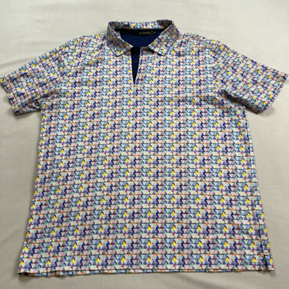 Bugatchi Mens XL Polo Shirt Geometric Triangle Print 100% Mercerized Cotton Blue